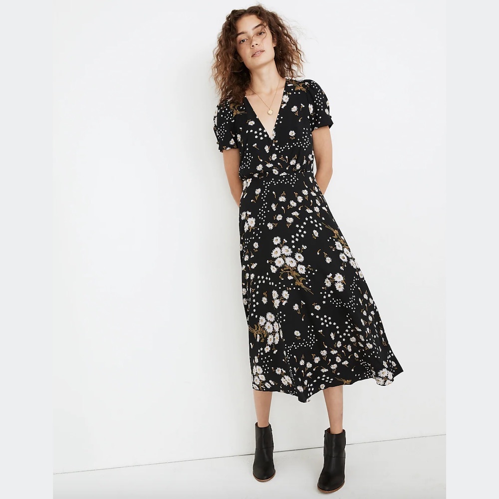 Madewell Puff-Sleeve Wrap-Front Midi Dress in Polka Daisies